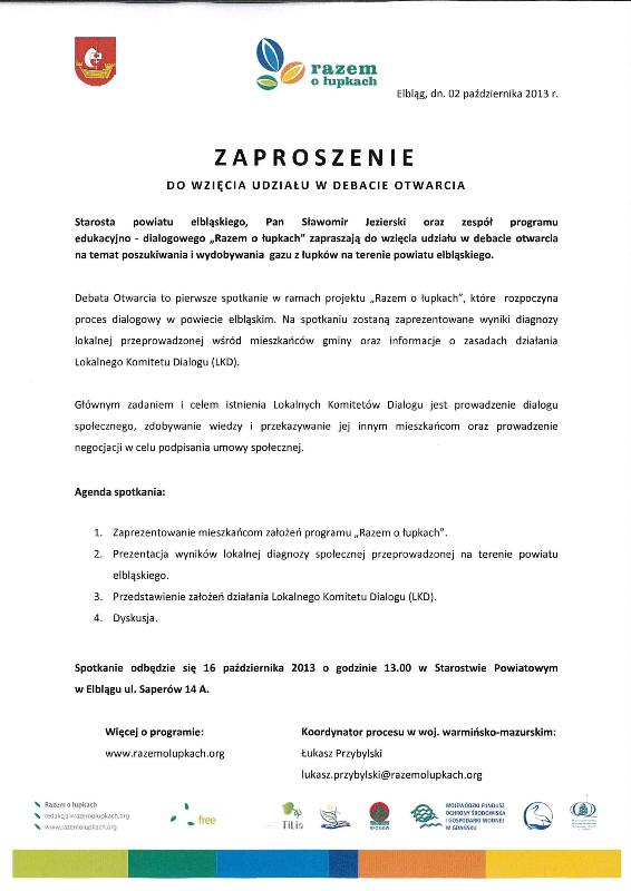 Zdjęcie numer 1 w artykule: zaproszenie do wzięcia udziału w debacie otwarcia na temat poszukiwania i wydobywania gazu z łupków na terenie powiatu elbląskiego
